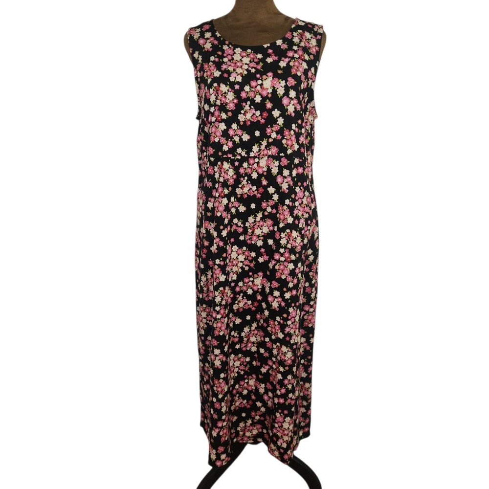 Studio Ease Dress Women Size 12P Black Pink Floral Coastal Casual Tank Dress
